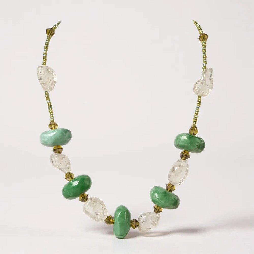 Green Stone Bead With Ice Look Stone Bead Glass Seed Bead Necklace